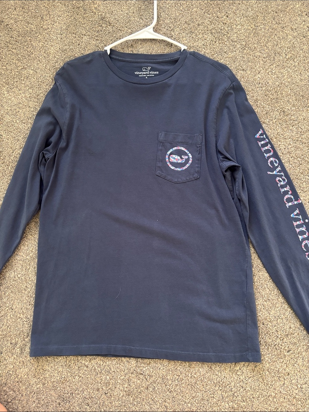 Vineyard Vines Navy Long-Sleeve Pocket Tee with Logo Sleeve Print